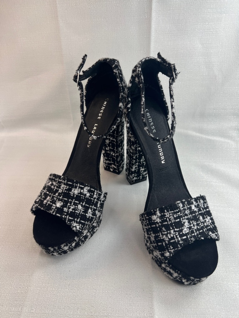Chinese laundry, black and white tweed with ankle strap stilettos